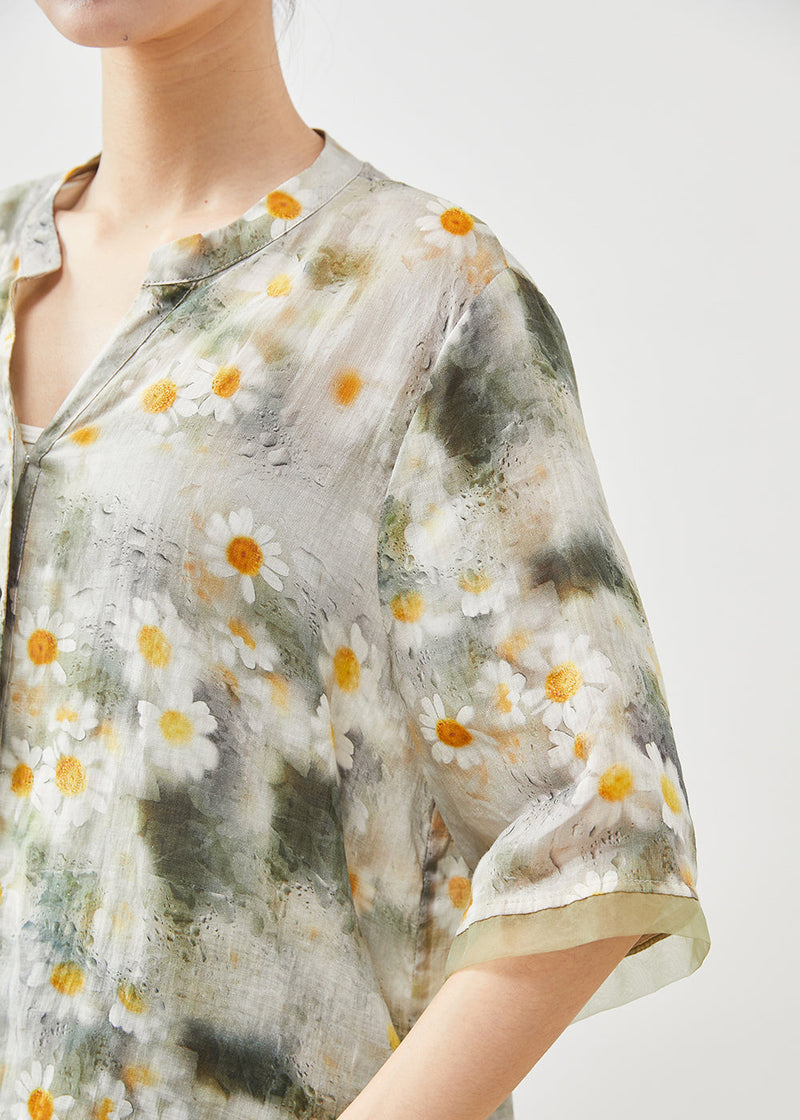 Green Patchwork Tulle Linen Shirt Tops Print Summer