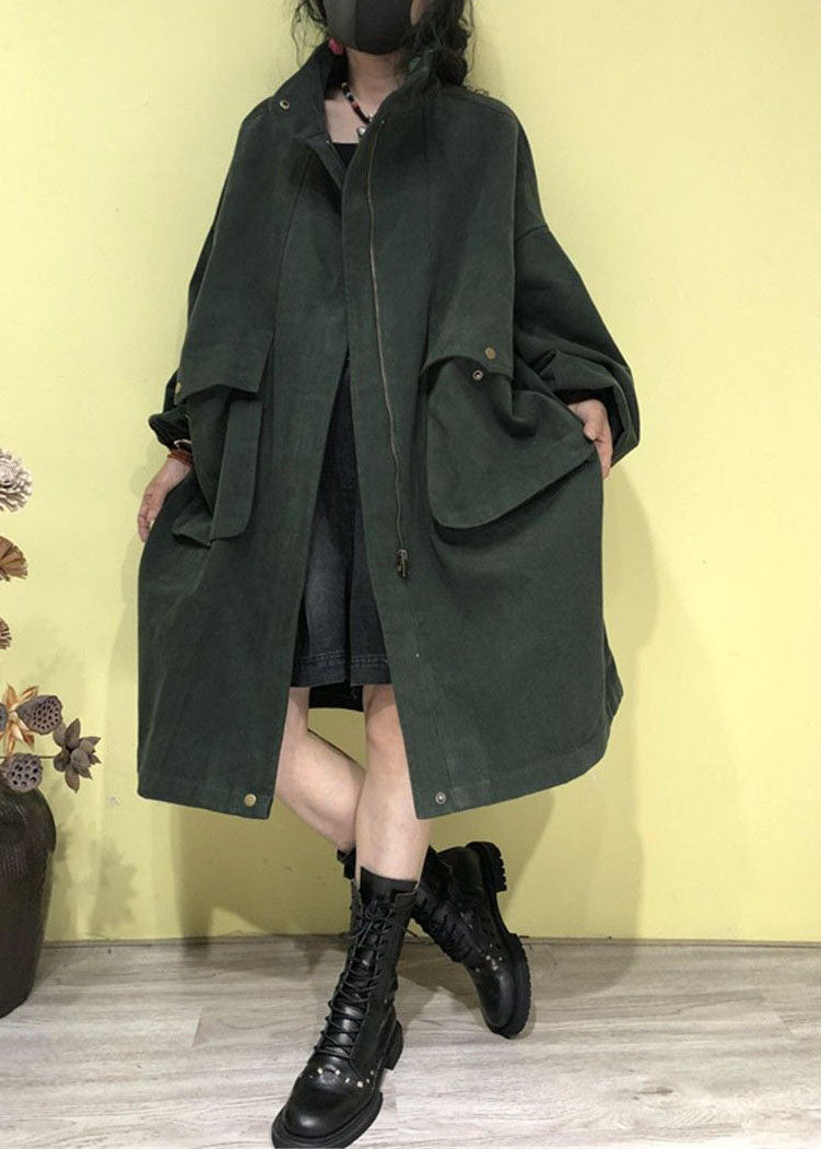 Green Stand Collar Zippered Pockets Trench Coats Fall