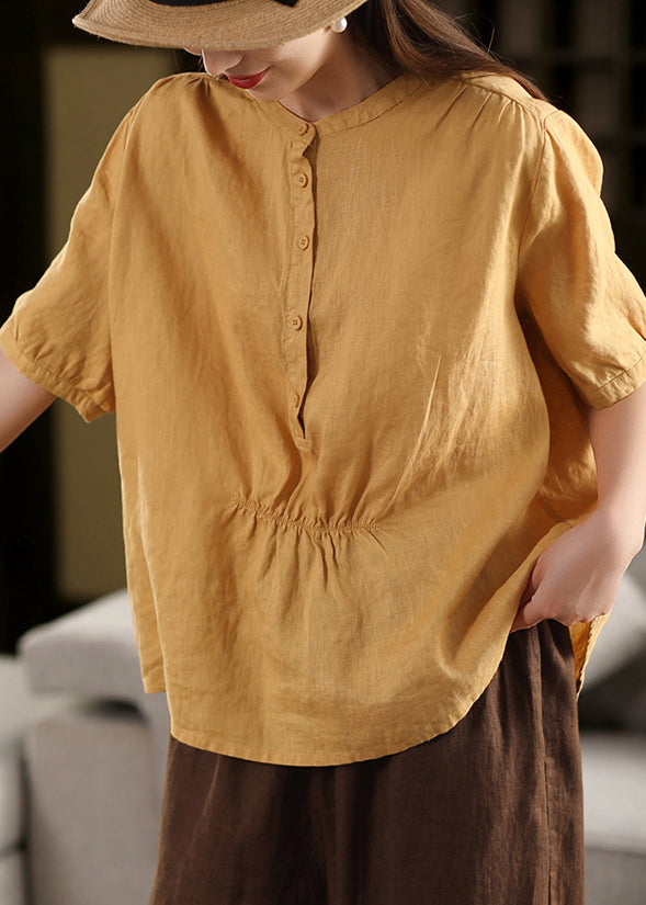 Yellow O Neck Wrinkled Linen Shirt Summer