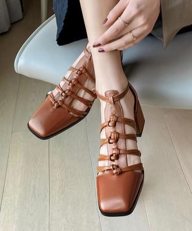 Brown Hollow Out Buckle Strap Splicing Chunky Sandals