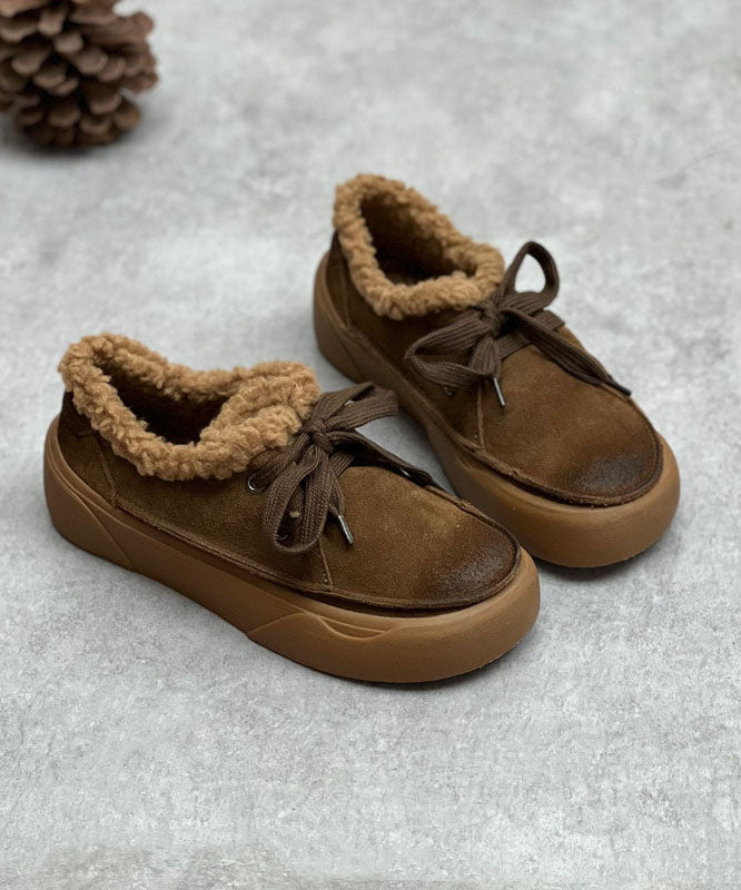 Chocolate Flats Lace Up Flat Shoes for Fuzzy Wool Lined