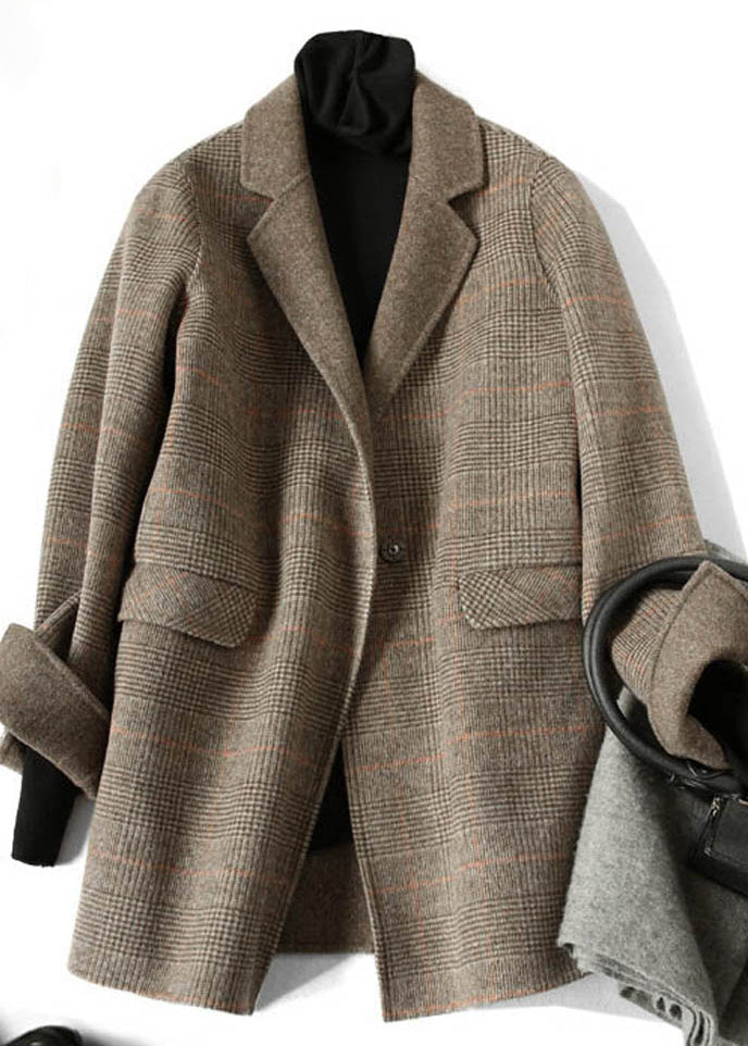 Chocolate Peter Pan Collar Plaid Woolen Coats Spring