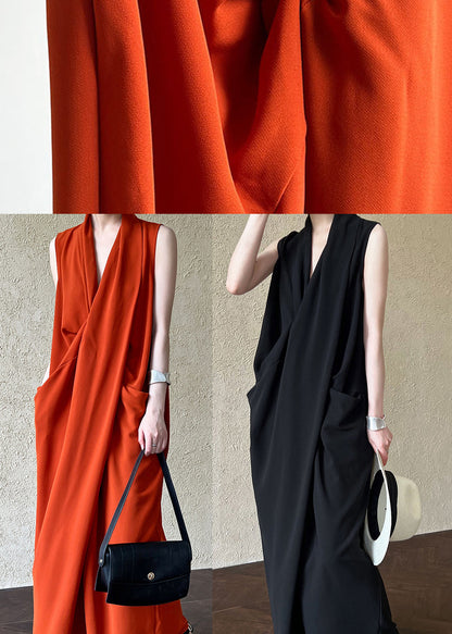 Black Asymmetrical Design Cotton Dress V Neck Sleeveless