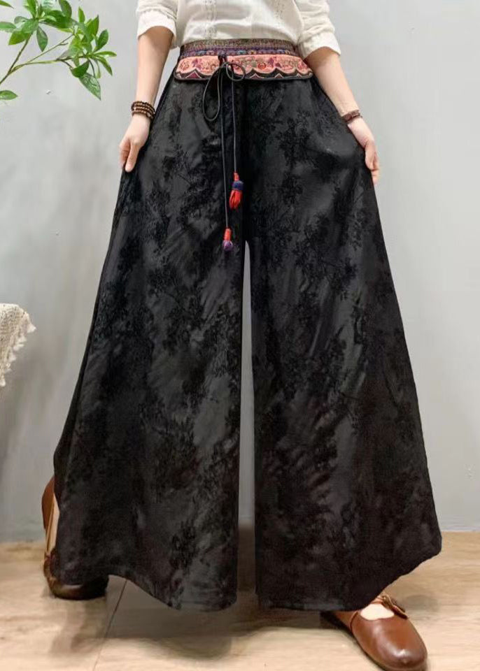 Black Embroidered Patchwork Silk Wide Leg Pants Spring