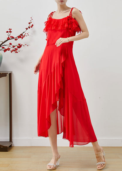 Red Ruffled Side Open Chiffon Cami Dresses Summer
