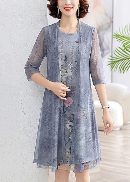 New Grey O-neck Print Chiffon Two Pieces Set Half Sleeve