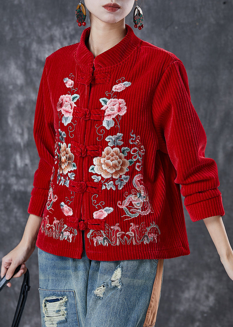 Red Embroideried Corduroy Jackets Spring