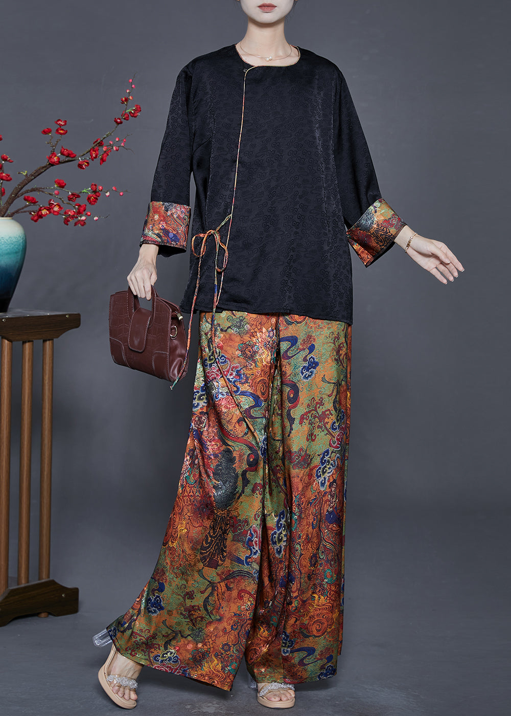 Black Print Patchwork Lace Up Silk Two Pieces Set Fall