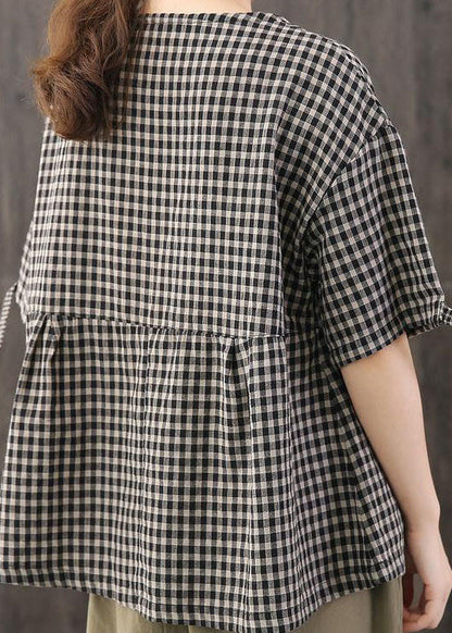 Black Asymmetrical Plaid Cotton Blouses Half Sleeve