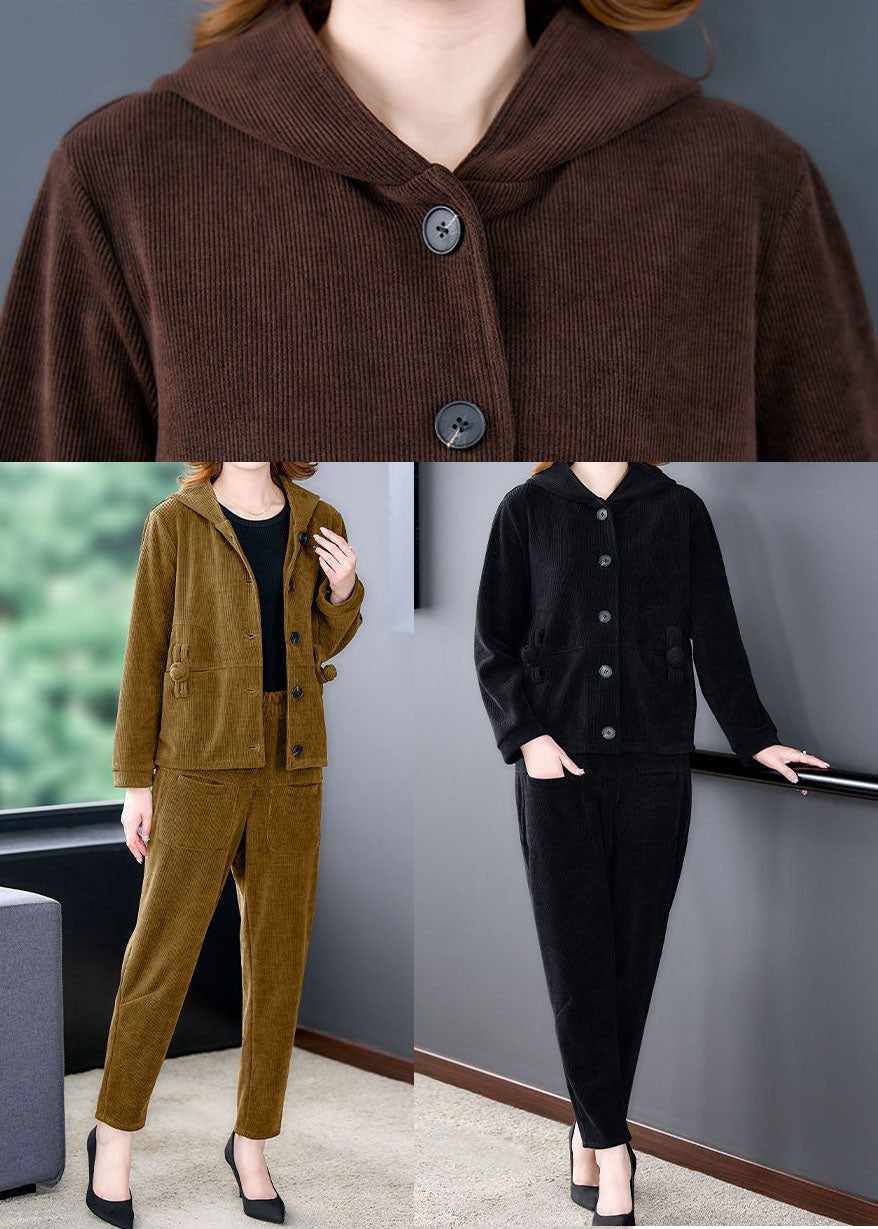 Boutique Yellow Hooded Pockets Corduroy Coats and Pants Two Pieces Set Long Sleeve