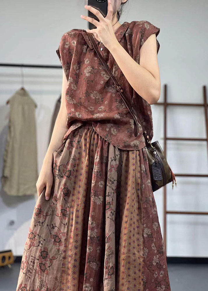 Khaki Peter Pan Collar Print Linen Two Pieces Set Summer