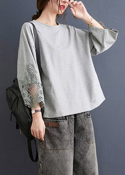 Grey Hollow Out Sweatshirts Top Ruffled Low High Design Three Quarter Sleeve