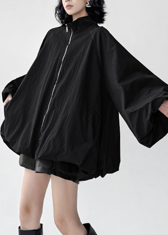 Black Stand Collar Pockets Trench Coats Lantern Sleeve