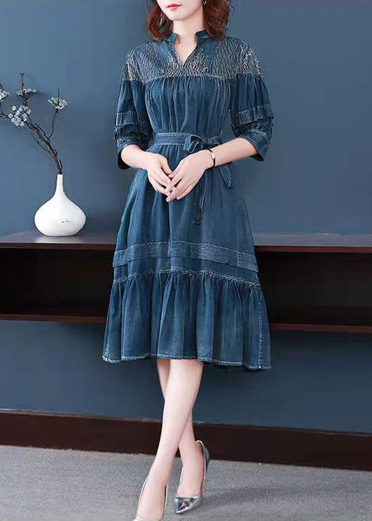 Blue V Neck Embroideried Wrinkled Sashes Holiday Dress Half Sleeve