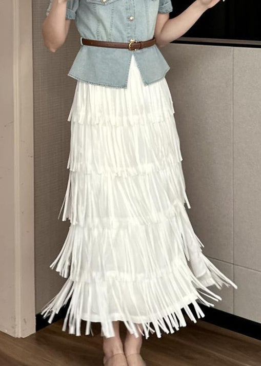 French Beige Tasseled High Waist Chiffon Skirts Spring