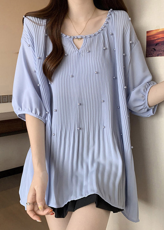 Blue Nail Bead Patchwork Chiffon Blouses O-neck Half Sleeve