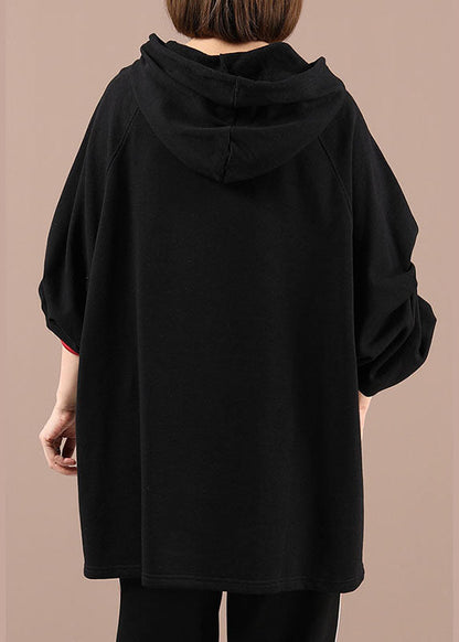 Black Hooded Embroideried Drawstring Fall Loose Sweatshirts Top