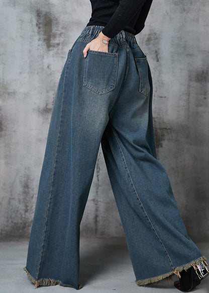 Navy Elastic Waist Pockets Denim Wide Leg Pants Spring