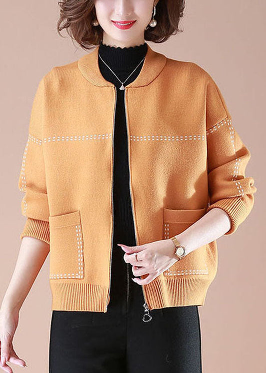 Stylish Orange O-neck Zip Up Pockets Print Knit Coats Long Sleeve