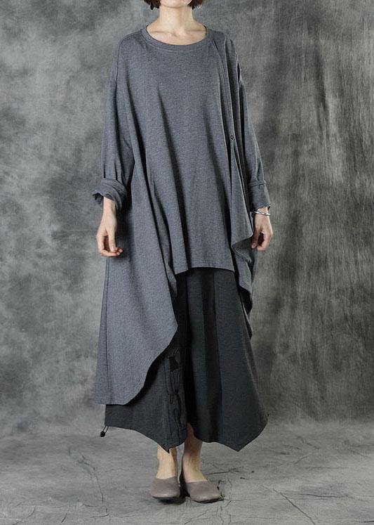 Style Grey Low High Design Button Fall Long Sleeve Shirt Tops