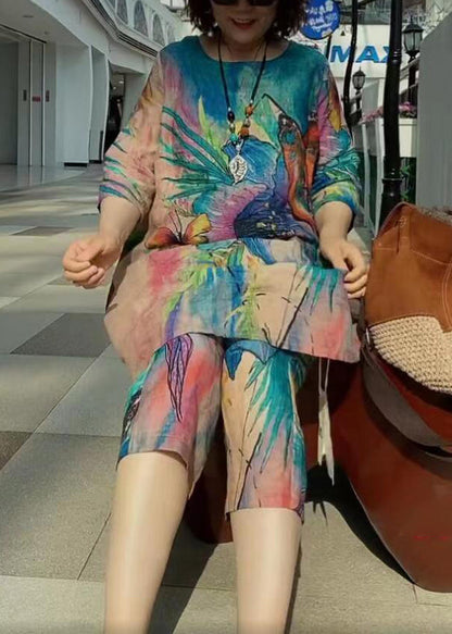 French Blue O-neck Butterfly Print Linen Two Piece Suit Set Half Sleeve