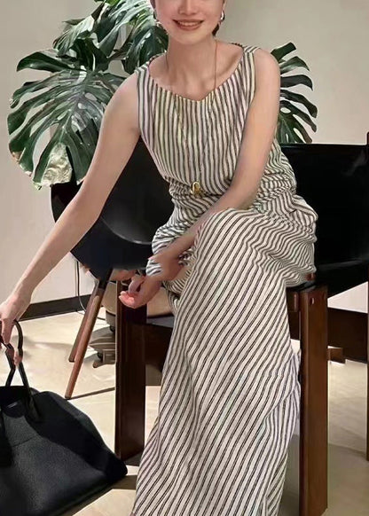 Italian Striped Slash Neck Wrinkled Linen Top and Pants Two Pieces Set Sleeveless