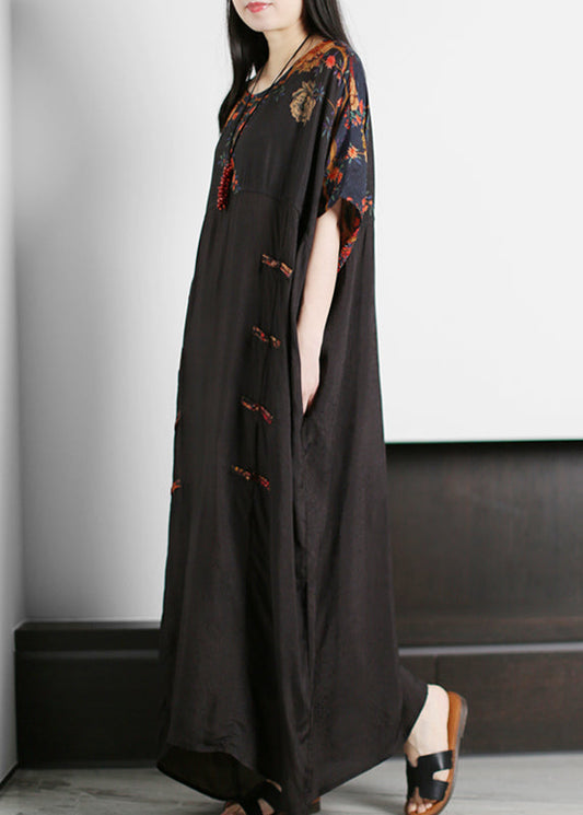 Black O-neck Patchwork Red Silk Ankle Dress Short Sleeve
