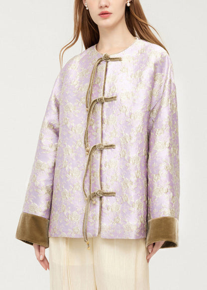 Stylish Purple O-neck Button Silk Velour Patchwork Coats Spring