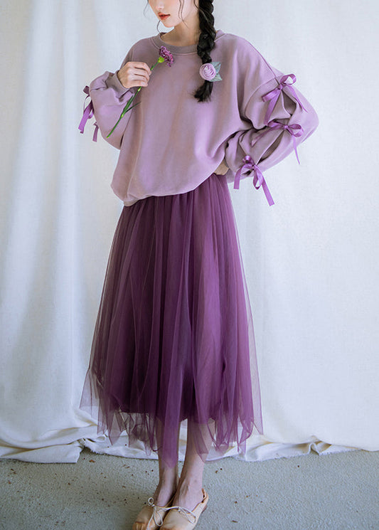 Loose Purple Bow Cotton Sweatshirt and Tulle Dress Two Pieces Set Fall