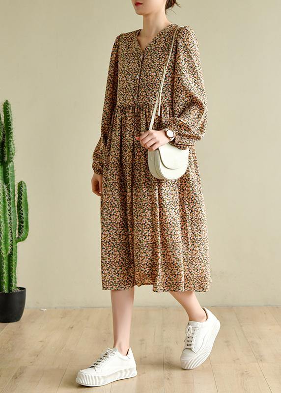 Fine Yellow Green Print Cinched V Neck Vacation Dresses Chiffon Dress