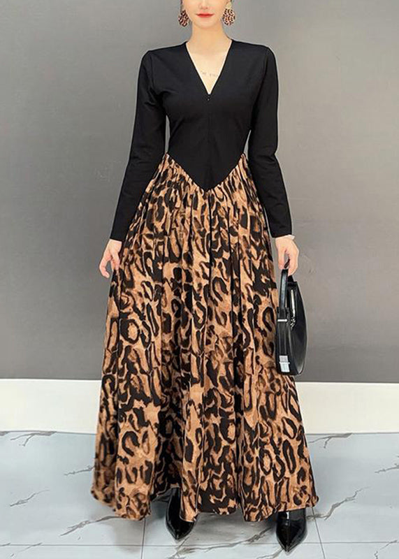 Colorblock V Neck Print Patchwork Long Dress Fall