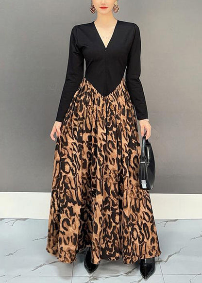 Colorblock V Neck Print Patchwork Long Dress Fall