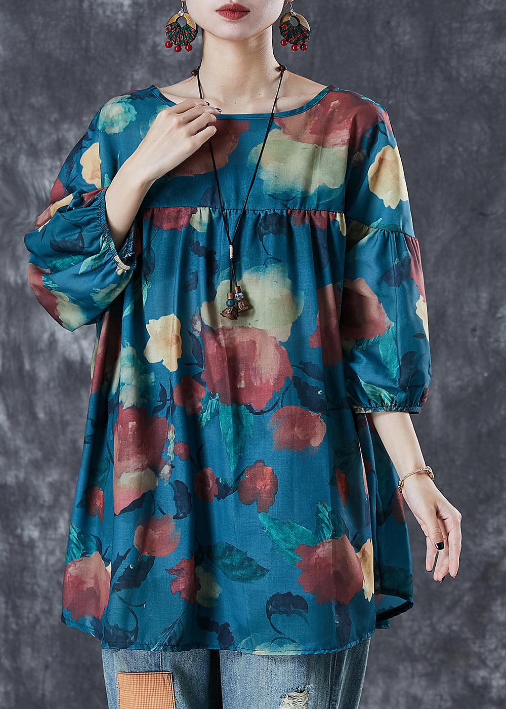 Blue Oversized Print Cotton Shirt Top Summer