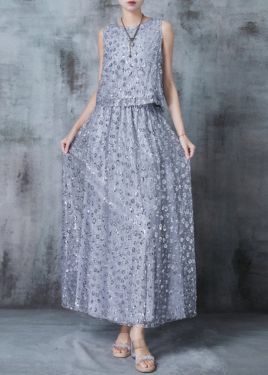 French Grey Sequins Back Lace Up Silk Two Pieces Set Summer