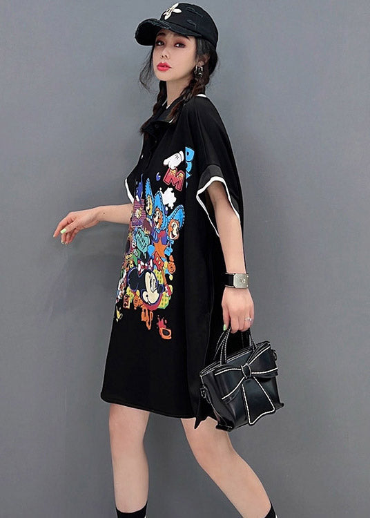 Black Peter Pan Collar Print Mid Dresses Short Sleeve