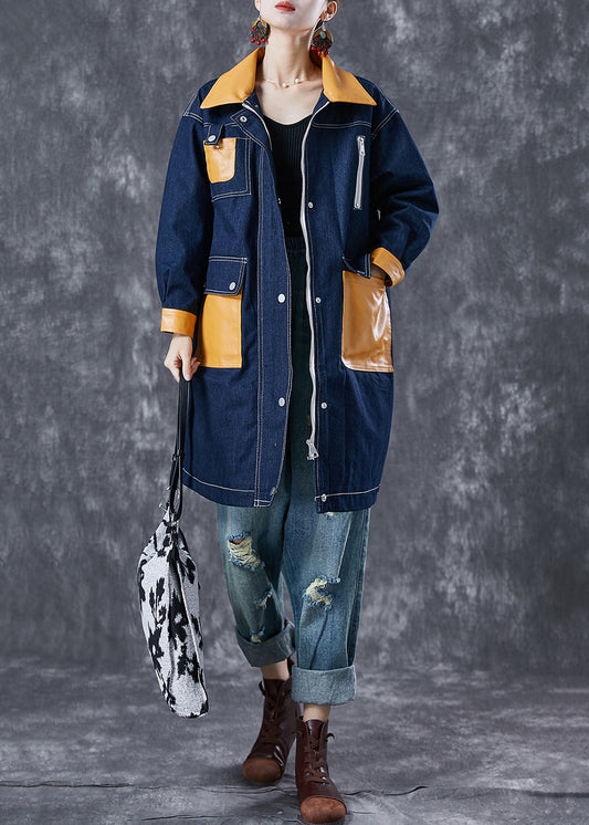 Navy Oversized Patchwork Pockets Denim Coat Outwear Fall
