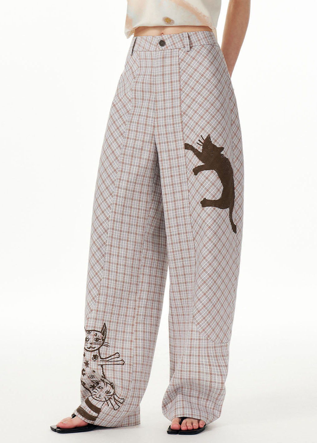 Plaid Print High Waist Pockets Wide Leg Pants Fall