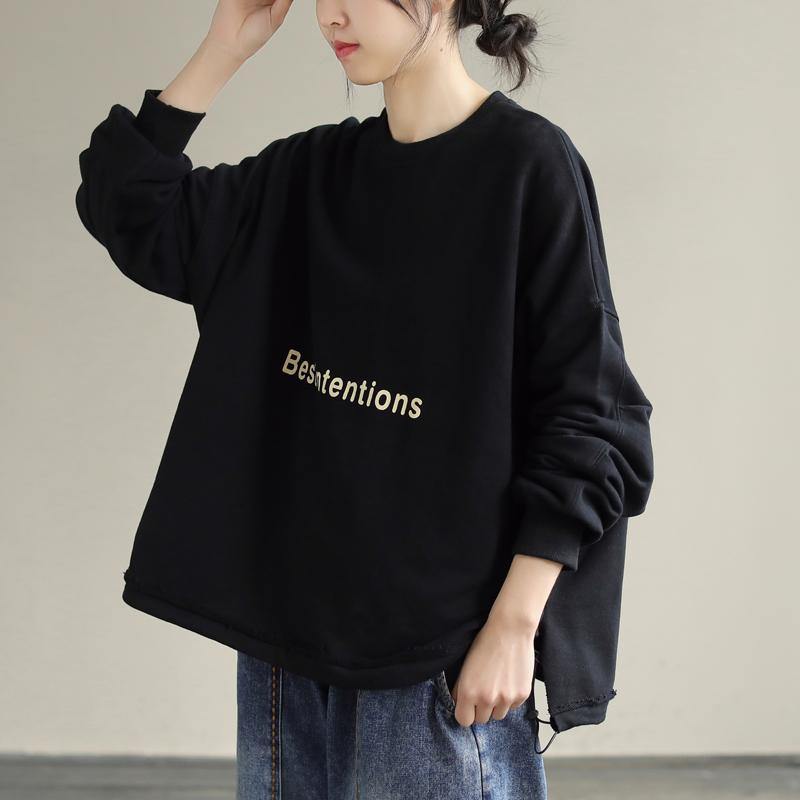 Organic Drawstring Cotton Alphabet Prints Top Silhouette Sleeve Black Sweatshirt