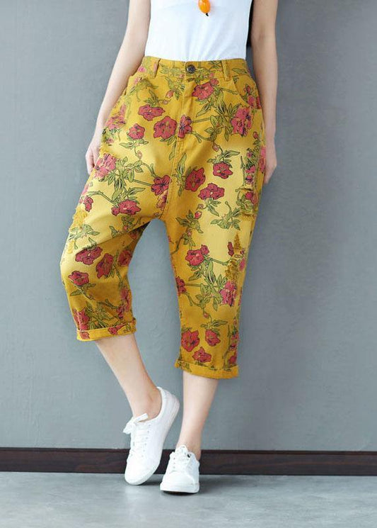 Yellow Button Pockets Print Fall Crop Pants Cotton