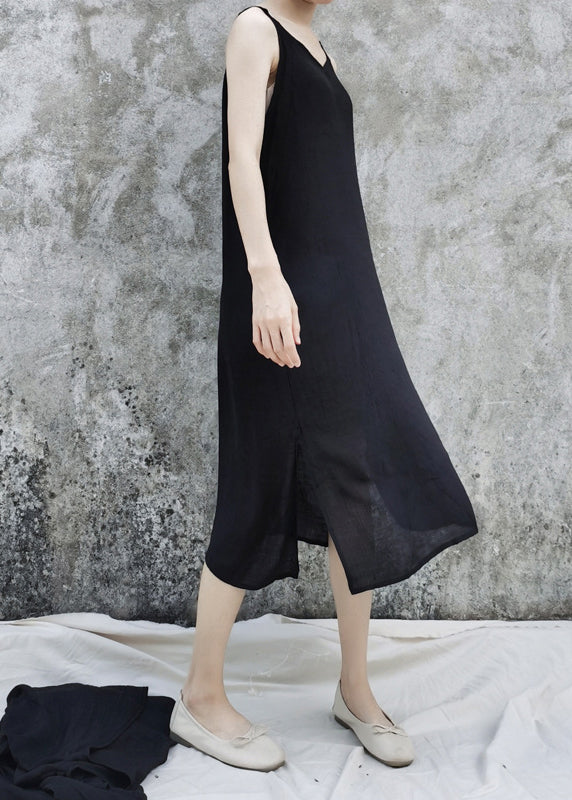 Black Linen Loose Cardigan and Spaghetti Strap Dress Two Pieces Set Flare Sleeve