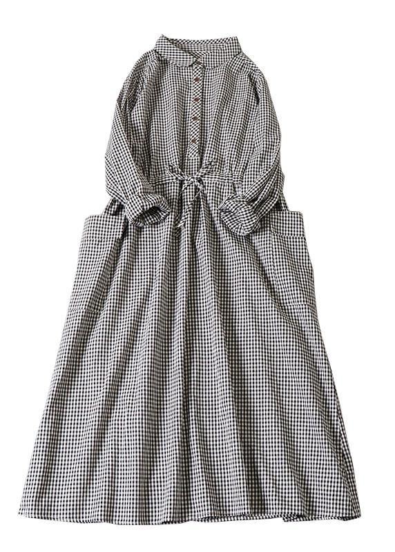 Black White Plaid Pockets Button Tie Waist Fall Patchwork Dress Long Sleeve