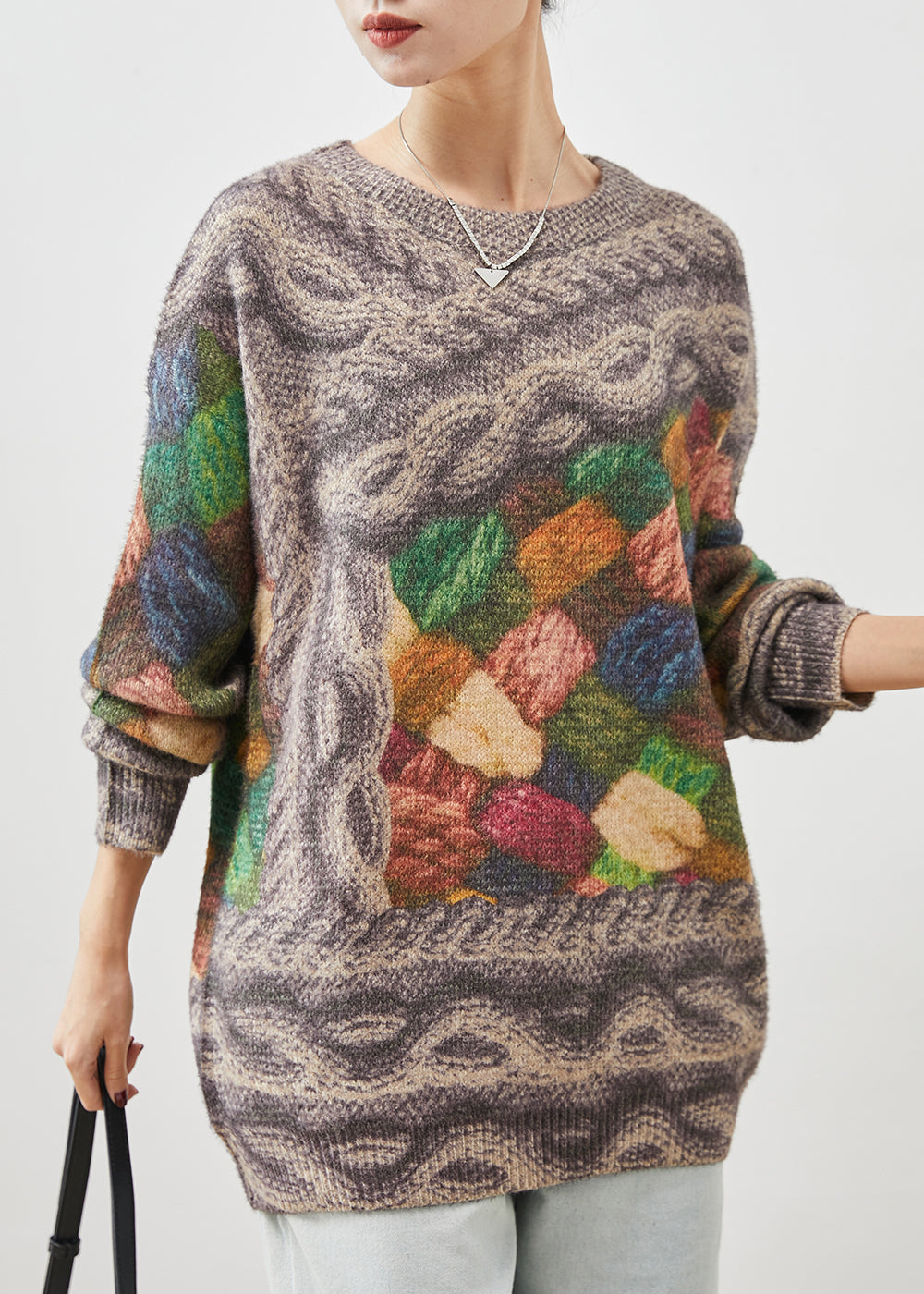 Khaki Oversized Thick Print Knit Pullover Spring