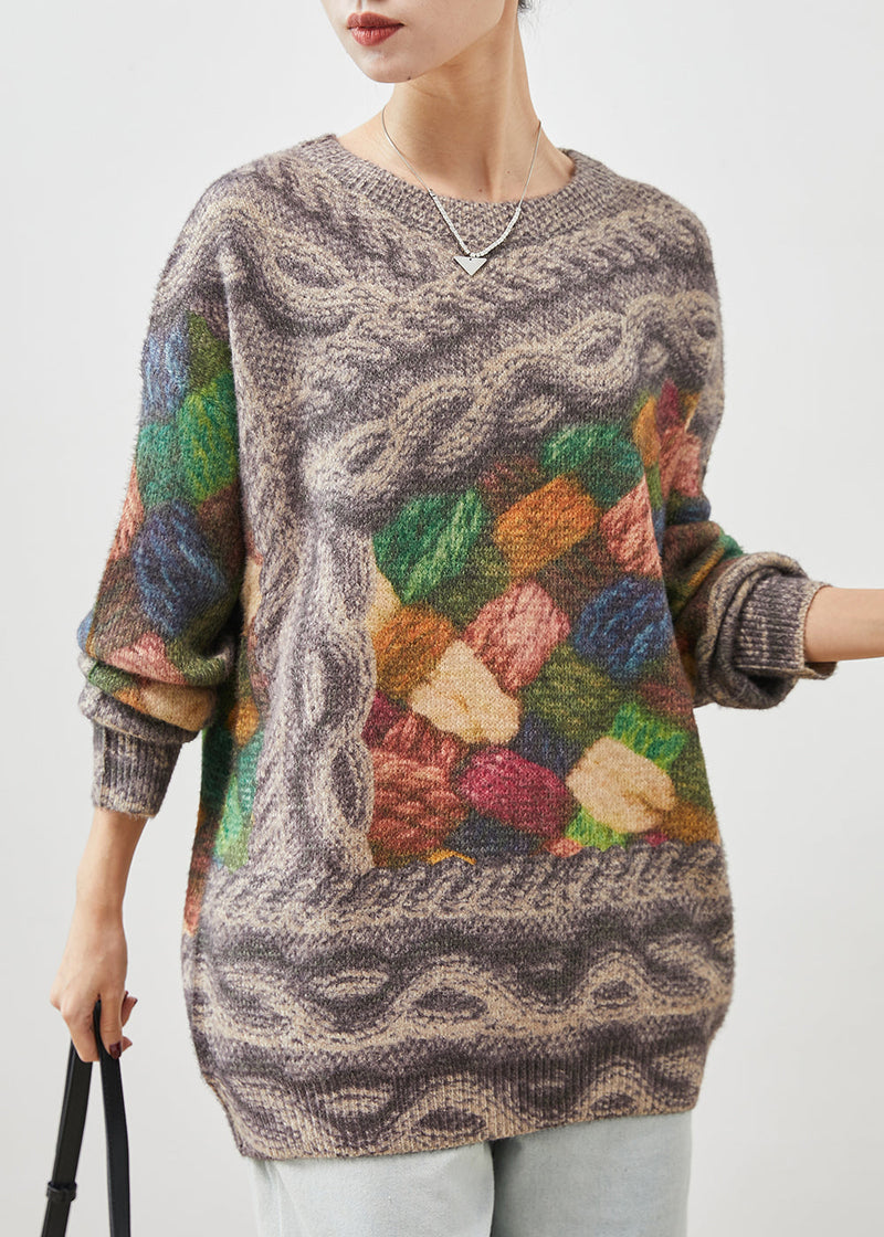Khaki Oversized Thick Print Knit Pullover Spring
