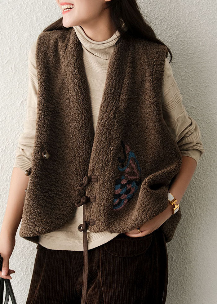 Diy Chocolate Embroideried Asymmetrical Design Faux Fur Vest Sleeveless