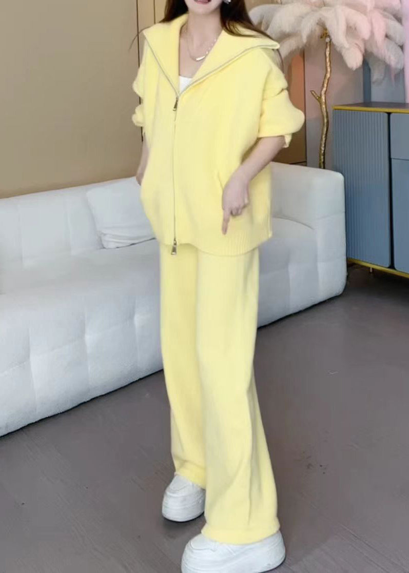 Yellow Zippered Cotton Knit Coats and Wide Leg Pants Two Pieces Set Winter