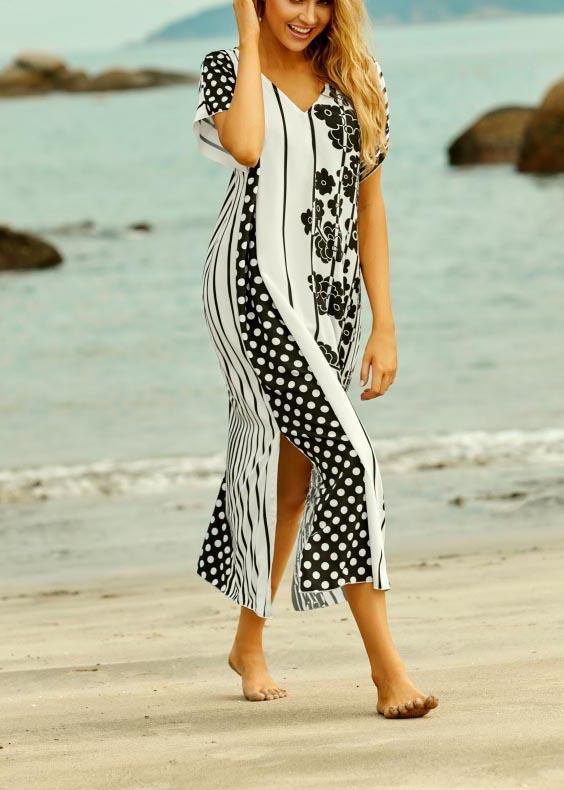 Style White Dot V Neck Cotton Loose Beach Gown Mid Dress