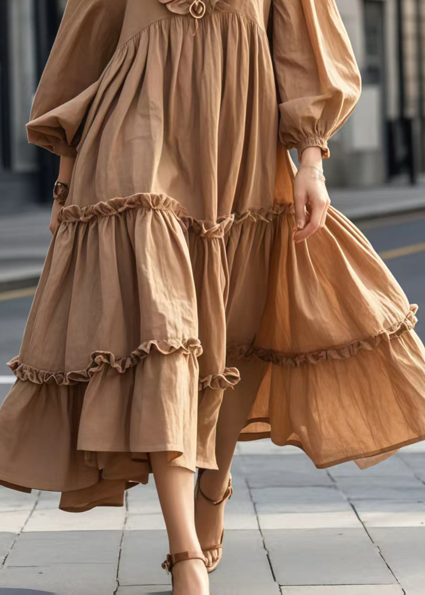 French Brown Ruffled Exra Large Hem Party Dresses Spring