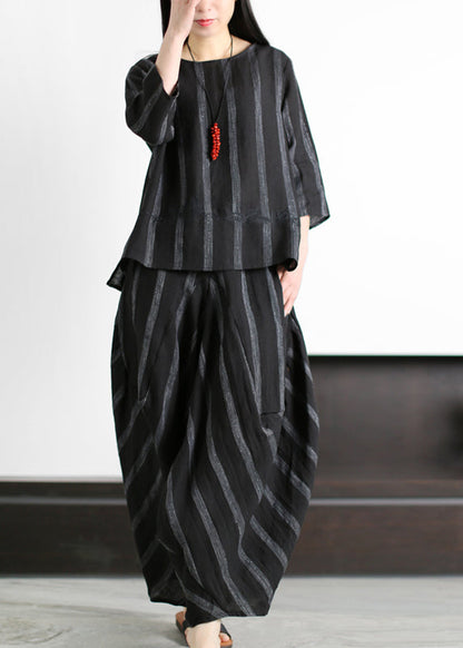 Original Loose Black Embroideried Striped Tops and Harm Pants Linen Two Pieces Set Summer