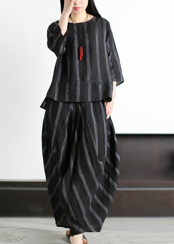 Original Loose Black Embroideried Striped Tops and Harm Pants Linen Two Pieces Set Summer