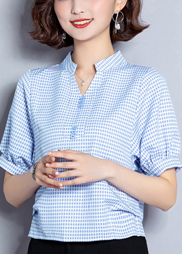 Light Blue Plaid Button Chiffon Shirt Top Summer